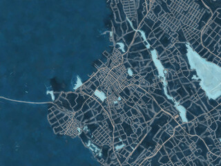 Painterly Style City Map of Miyakojima, Japan in a Blue Color Scheme.