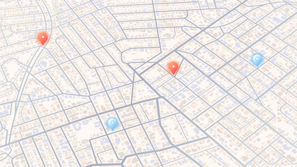 Generic city map with pins. Point of intended goal, many markers. Abstract navigation plan of urban area with POI on it. City streets and blocks. Colored editable vector illustration