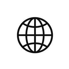 Globe icon in black outline, minimalist style, global communication