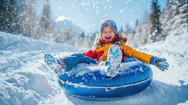 Happy child sliding down snowy hill on snow tube, enjoying winter fun