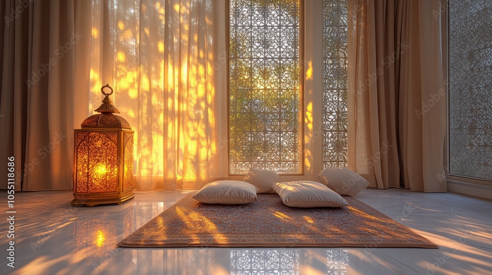 Poster a golden lantern sits on a marble floor in front of a window with sheer curtains and ornate window p