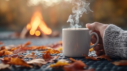 A cozy scene featuring a steaming cup of coffee held by a person surrounded by autumn leaves and a warm fireplace.