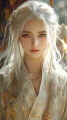 A long and flowing white hair calm serious expression