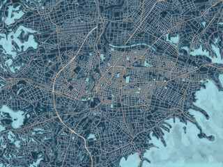 Painterly Style City Map of Miyakonojo, Japan in a Blue Color Scheme.