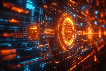 Obraz premium Futuristic abstract digital interface with glowing orange and blue elements.