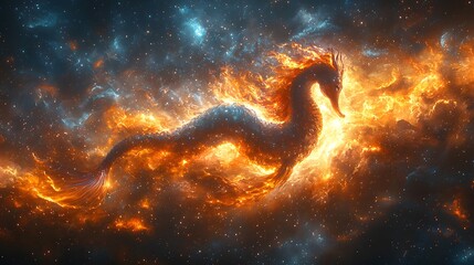 A mermaid riding a seahorse through a cosmic nebula