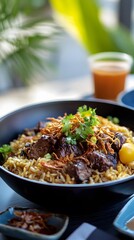 A modern take on Nasi Kebuli served in an elegant minimalist style.