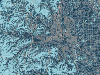 Painterly Style City Map of Mobara, Japan in a Blue Color Scheme.