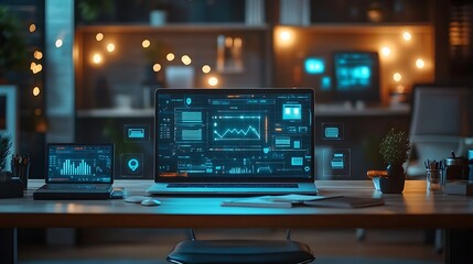 Desk with laptop and icons representing technology internet and online courses concept