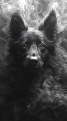 A monochrome dog emerging from an abstract swirl.