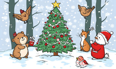 Joyful Christmas and New Year Collection: Santa, Festive Animals, Whimsical Decorations, Cozy Holiday Scenes, and Playful Winter Elements on White Background