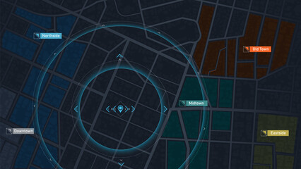 Locator position point. GPS tracking system to navigate around the city landmarks. Detailed city street map with directions to different locations. Vector illustration