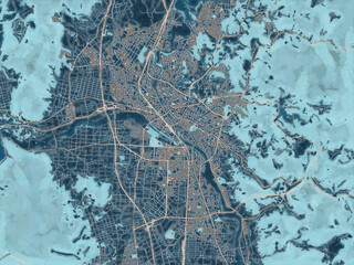 Painterly Style City Map of Morioka, Japan in a Blue Color Scheme.