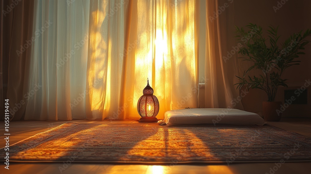 Poster A lit lamp casts warm light on a meditation space in front of a window with sheer curtains.