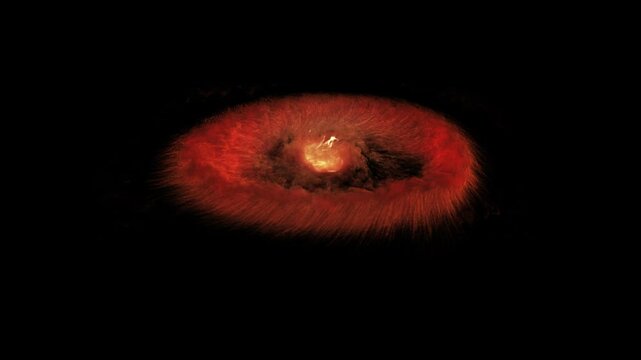 side view of three huge ring-shaped explosions, as if a bomb or meteorite had fallen, rings of fire.