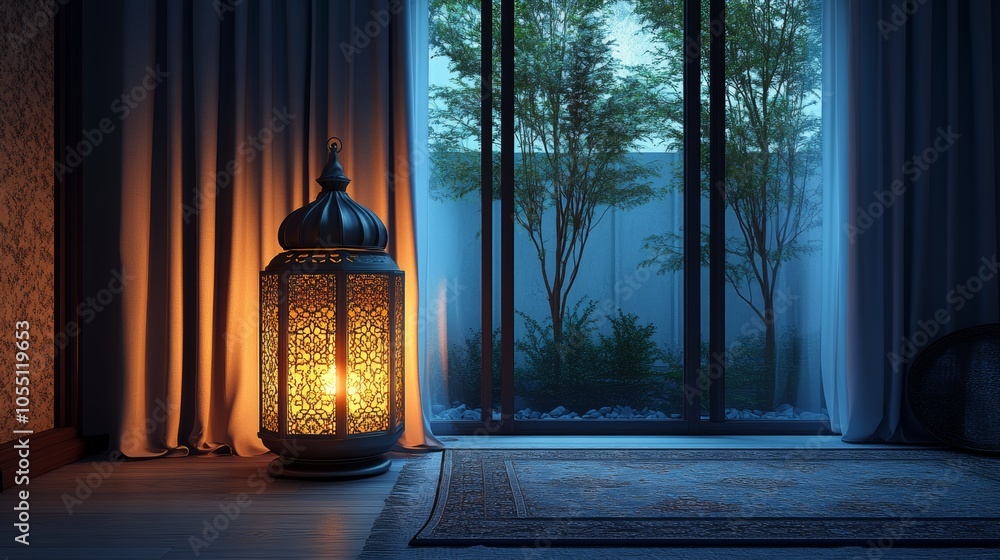 Aufkleber a lit lantern sits on a rug in front of a window with a view of a lush garden.