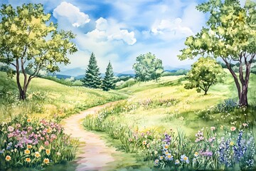 Fototapeta premium Wild spring flowers on a green meadow 