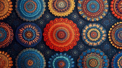 A vibrant arrangement of decorative mandala patterns in various colors and designs.