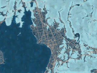 Painterly Style City Map of Nagahama, Japan in a Blue Color Scheme.