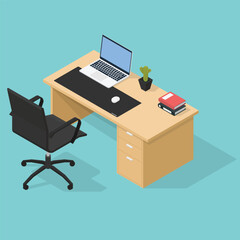 Isometric illustration of office desk with laptop, books, chair and plants