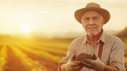Fototapeta premium Expert farmer examining soil in fertile field at sunset, embodying sustainable agriculture and food production