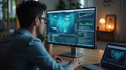 Software developer is coding on his computer at his home office