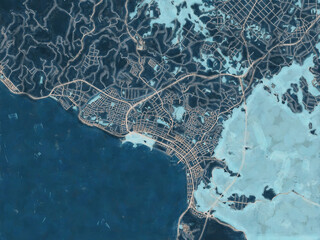 Painterly Style City Map of Nago, Japan in a Blue Color Scheme.