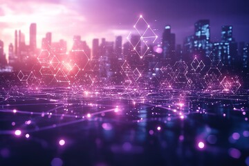Naklejka premium Futuristic city skyline with glowing network connections.