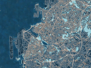 Painterly Style City Map of Naha, Japan in a Blue Color Scheme.