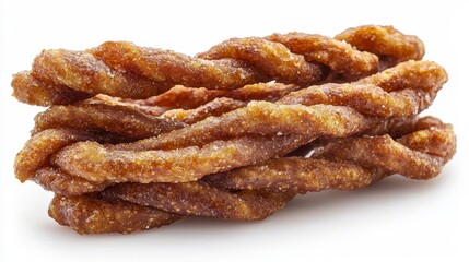 Macro shot of a twisted pretzel, brown crispy texture with visible salt, isolated on white, perfect for snack food advertisement, clean and detailed