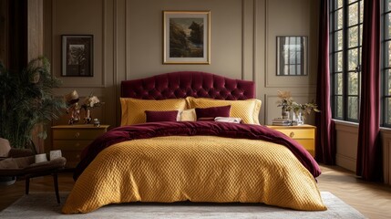 Obraz premium A luxurious bedroom with a plush, gold and burgundy bed, tufted headboard, nightstands, framed artwork, and large windows with dark curtains.