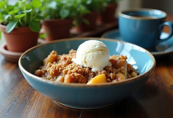 A bowl of homemade apple pie or crisp with a scoop of vanilla ice cream, served with two mugs of...