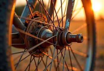A close-up of a bicycle wheel hub with a metallic hub and spokes