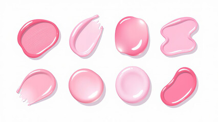 Set of different strokes and drops of translucent pink gel on white background