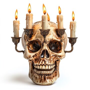 recommend clip art: decorative human skull candlestick with burning wax candle on white background