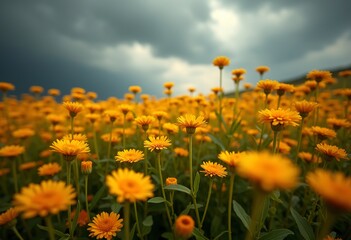 A field of yellow flowers under a cloudy sky