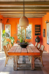 A bohemian dining room decorated in lightened-up terra cotta color palette. The dining room layout allows the rustic reclaimed wood dining table with a distressed finish to take center stage.