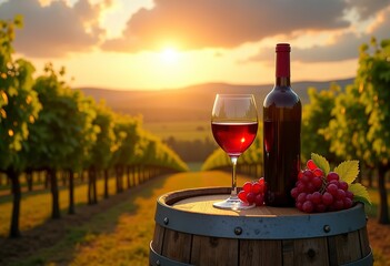 A glass of red wine and a bottle of wine on a wooden barrel in a vineyard