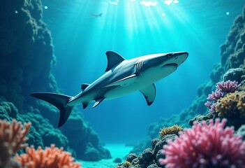 Fototapeta premium A gray shark swimming in a blue ocean with colorful rocks and coral formations in the foreground