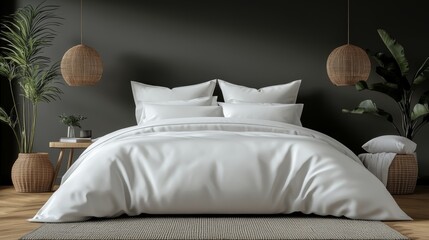A minimalist bedroom with a white bed, wooden floor, and wicker baskets and lamps.