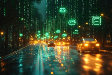 Futuristic cityscape with glowing digital car icons in the rain.
