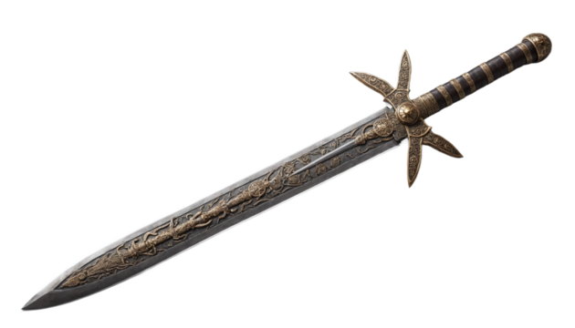 A sword with a gold cross on it.isolated on transparent or white background