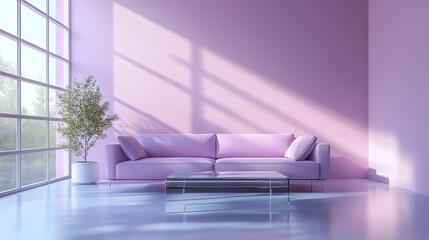 A minimalist living room with a pink sofa and a glass coffee table, illuminated by sunlight streaming through a large window.