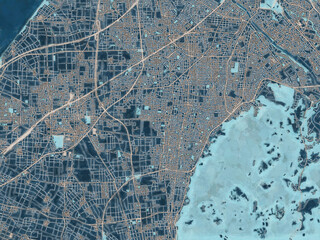 Painterly Style City Map of Nonoichi, Japan in a Blue Color Scheme.