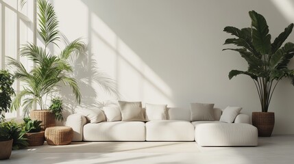 A minimalist living room with a white sofa, large windows, and lush green plants.