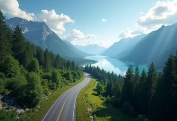 A long, winding road through a mountainous, forested landscape with a lake in the background under a blue sky with scattered clouds