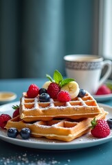 A plate of golden waffles topped with fresh berries, powdered sugar, and a sprig of mint, with a white coffee mug in the background