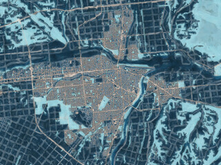 Painterly Style City Map of Obihiro, Japan in a Blue Color Scheme.