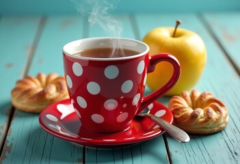 A red polka dot mug with hot tea, a yellow apple, and two pastries on a teal blue wooden background