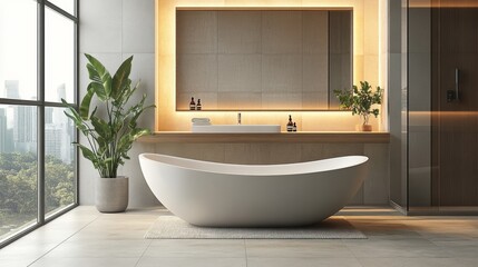 Fototapeta premium A modern bathroom with a freestanding bathtub, a large window, and a vanity with a mirror and plants.